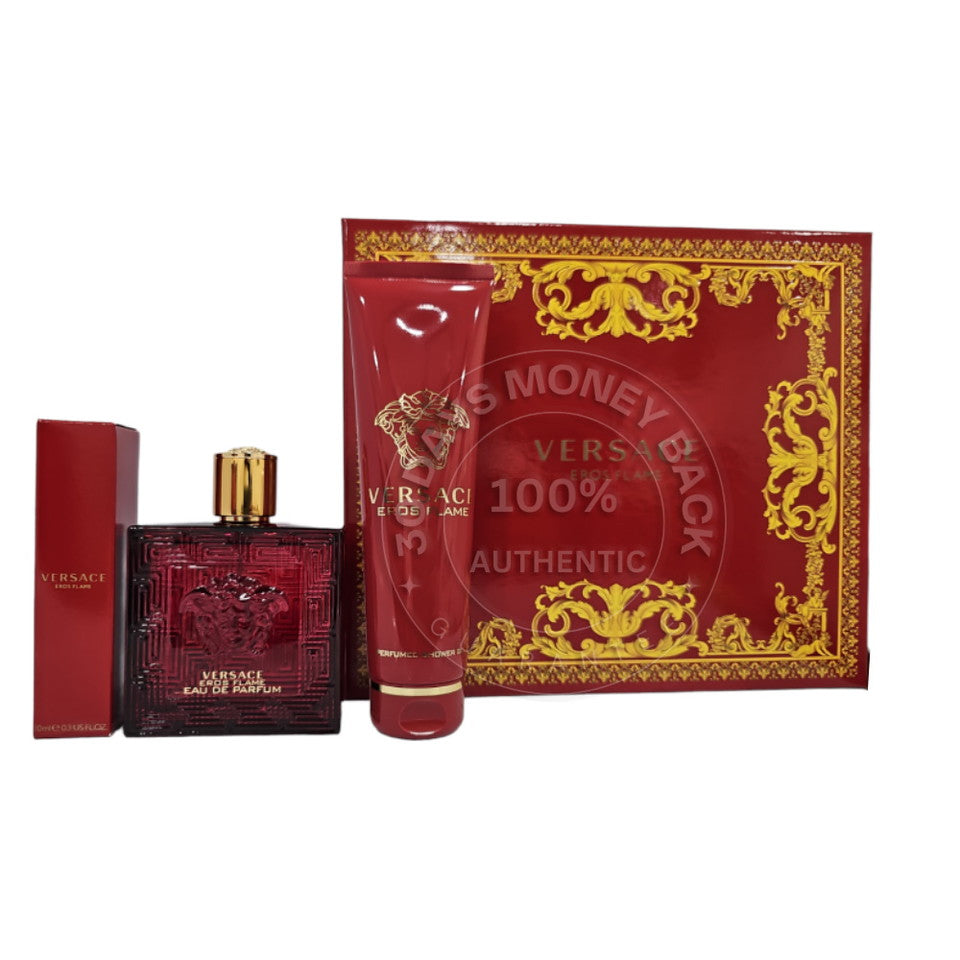 VERSACE Eros Flame 3 PCS Gift Set ( 3.4oz EDT Spray + 5oz S/G +0.33oz EDT )