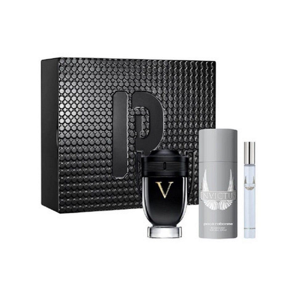 Paco Rabanne INVICTUS VICTORY 3-Piece Tin Box Set for Men, (3.4 Oz Eau De Parfum Extreme Natural Spray + 5.1 Oz Deodorant Spray + 0.34 Oz Eau De Toilette