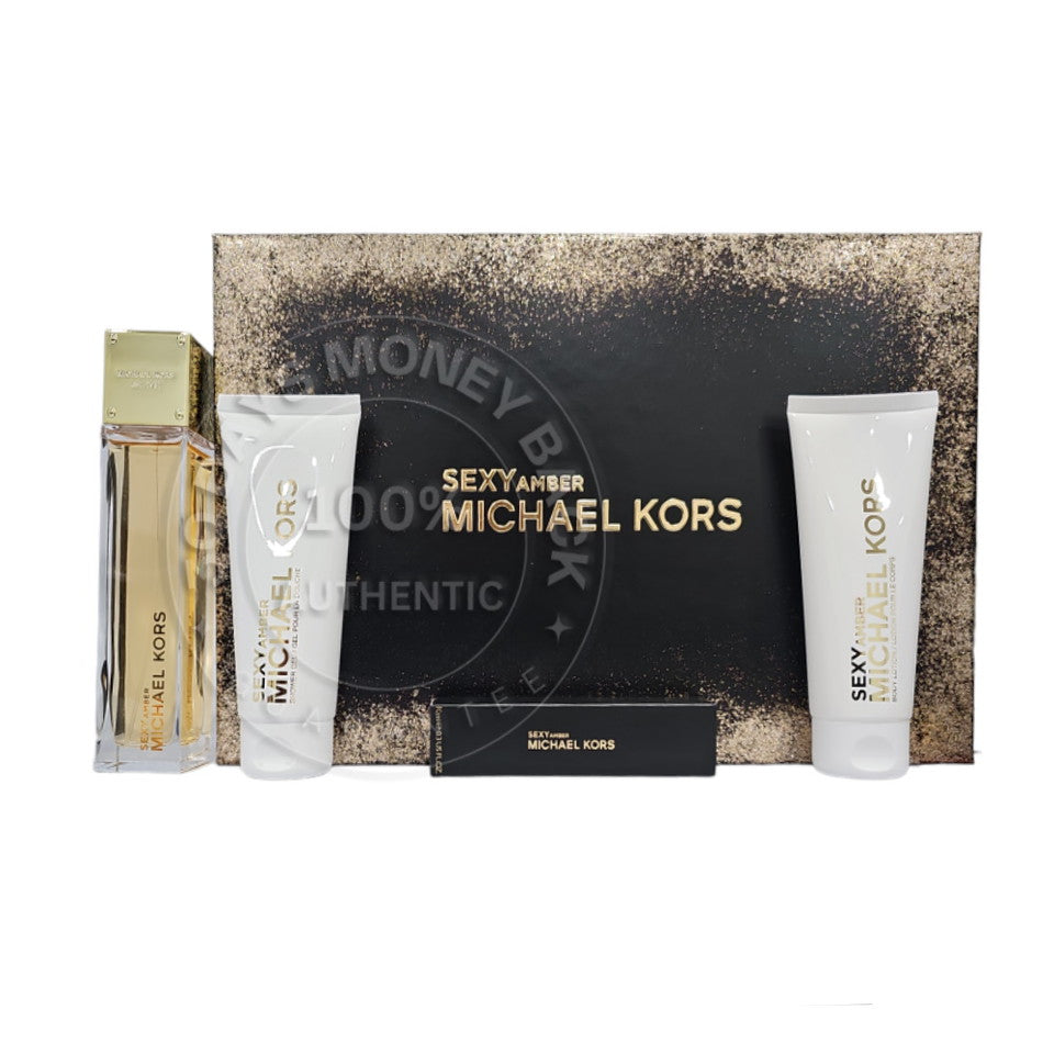 Michael Kors Sexy Amber 3.4 EDP spray+ gel+ lotion+ travel spray 4 pc Gift Set NIB