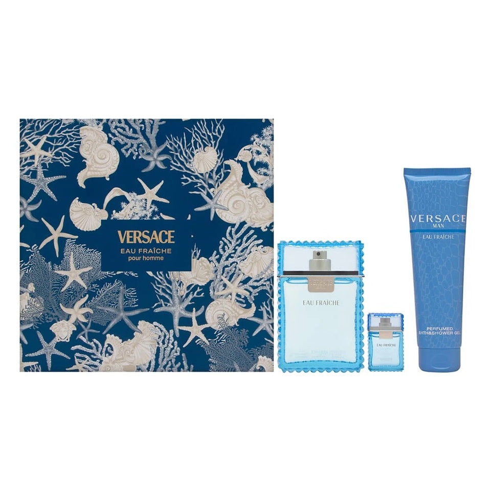 Versace Eau Fraiche 3PC EDT Gift Set - 3.4 oz EDT + 5 oz B/ L +  0.17 oz EDT Spray